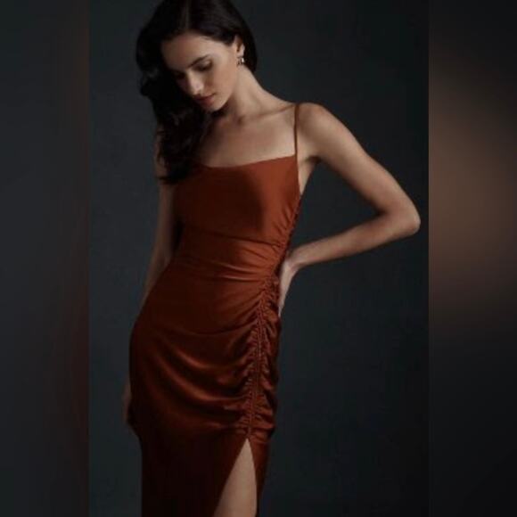 BHLDN Jennings Cowl Neck Ruched Side-Slit Satin Gown in Copper Women's 0 - Picture 1 of 13